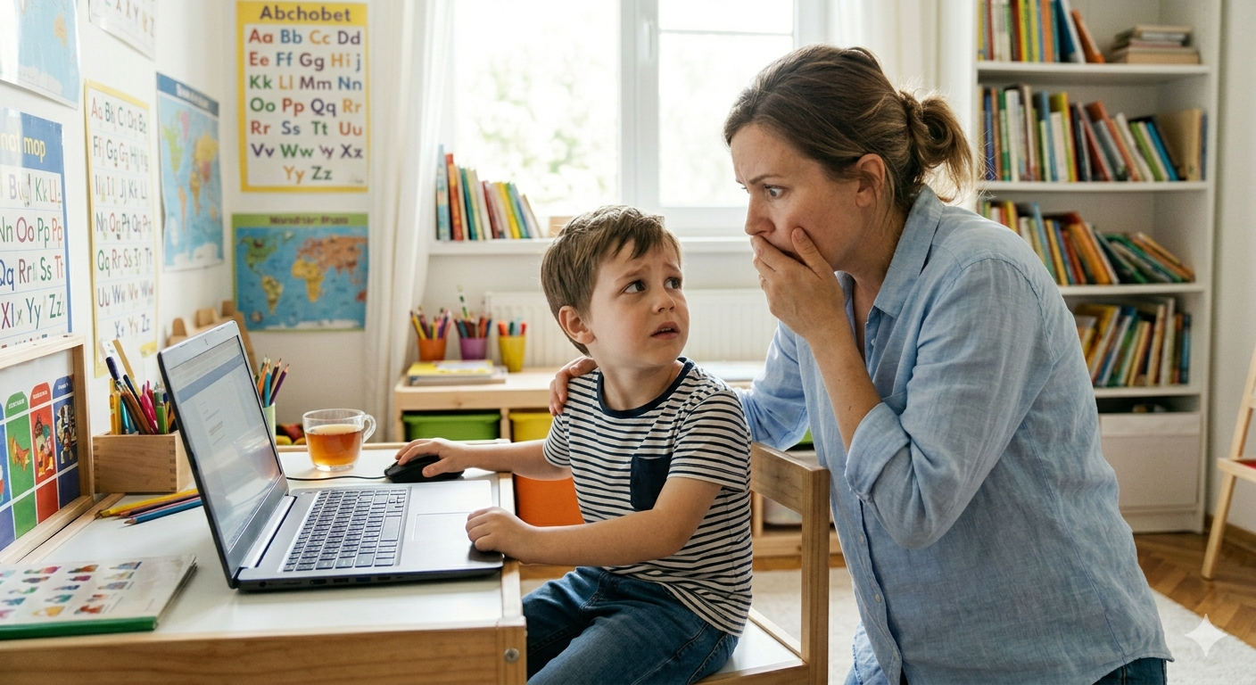 A parent helping a child use a laptop at home